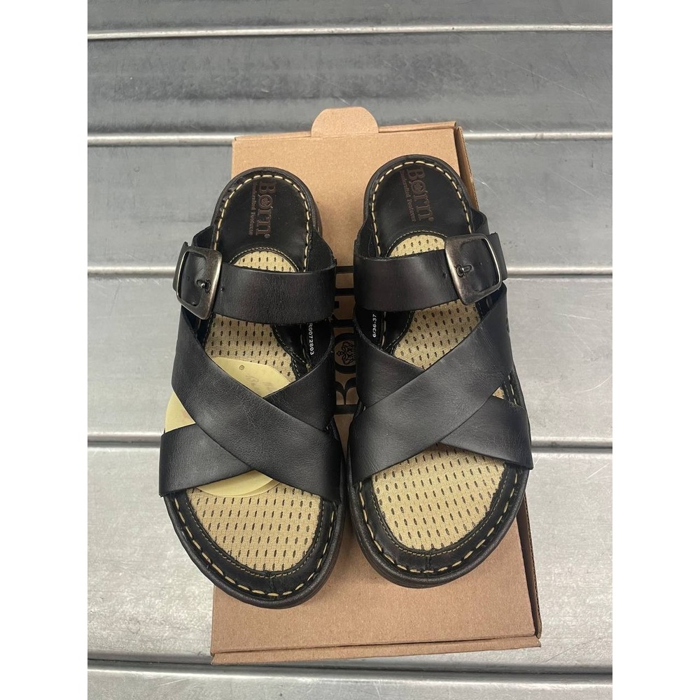 Born Salas Sandals Womens 6 Black Leather Slide - Picture 2 of 11